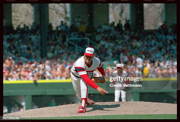 White Sox pitcher Tom Seaver, starting in his record 16th opening day game, hurls ball during the 1st inning at Comiskey Park against the Milwaukee...