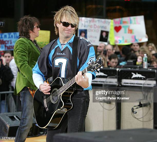 Guitarist Richie Sambora and Singer Jon Bon Jovi from the music group Bon Jovi make an appearance on The Today Show on November 23, 2004 in New York...