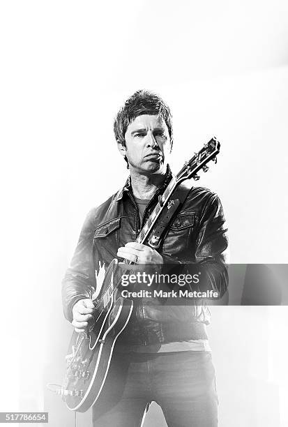 Noel Gallagher of Noel Gallagher's High Flying Birds performs live for fans at the 2016 Byron Bay Bluesfest on March 27, 2016 in Byron Bay, Australia.