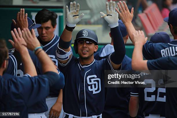 Jon Jay of San Diego Padres celebrates with teammates during the preseason match between Houston Astros and San Diego Padres at Fray Nano Stadium on...