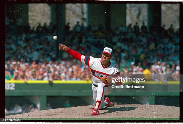 White Sox pitcher Tom Seaver, starting in his record 16th opening day game, hurls ball during the 1st inning at Comiskey Park against the Milwaukee...