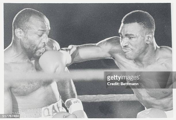 Atlanta, Georgia: Dwight Muhammad Qawi reels back following a hard right by challenger Evander Holyfield in first round action, July 12. Holyfield...