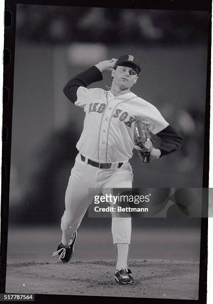 Roger Clemens of the Red Sox throws in the first inning of the American League championship final game with the Angels in this photograph.