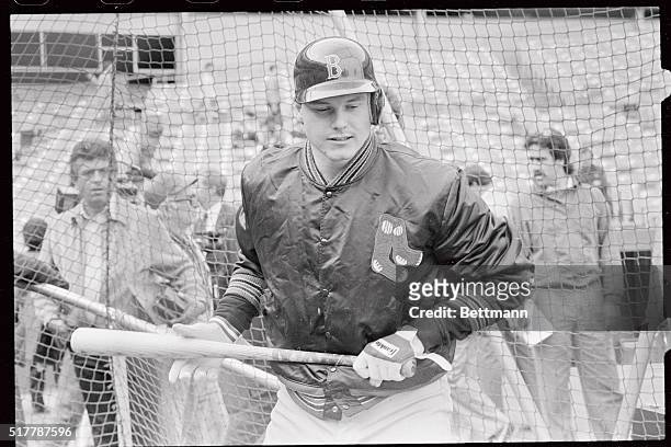 Boston Red Sox pitcher Roger Clemens tries his hand at bunting in the batting cage at Shea Stadium here, prior to their world Series game against the...
