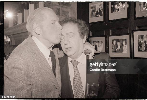 New York, New York- The 83-year-old citadel of show business, Milton Berle,, greets his old friend, Jackie Masson, with a kiss on the cheek at a...