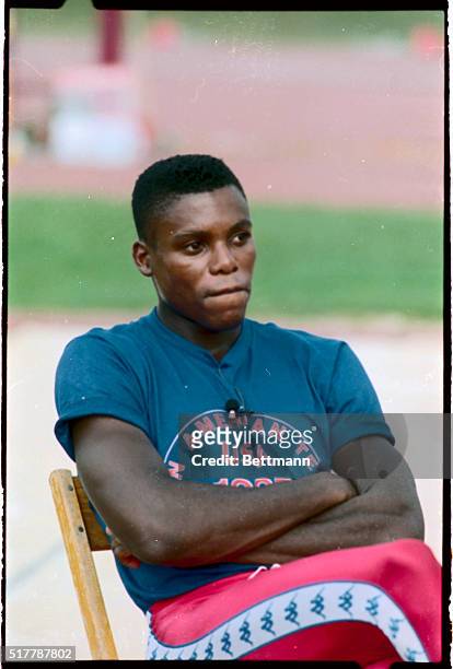 Carl Lewis shown during break in training for long jump at the Pan Am Games. PH: Ron Kuntz