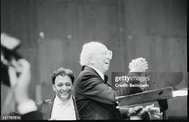 New York, New York: Aaron Copland acknowledges the accolades of the audience, November 14, at Avery Fisher Hall for an all-Copland program...