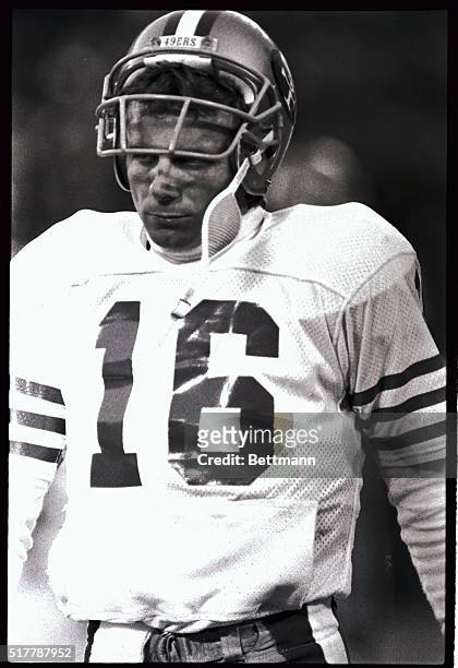San Francisco 49ers quarterback Joe Montana is shown looking somewhat dejected during the game against the New York Giants.