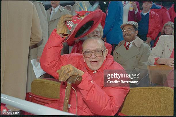 St. Louis: Chairman of the Board and President of the St. Louis Cardinals, August A. Busch Jr., bundled against the chill of the evening 10/20, tips...