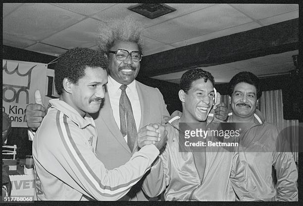 Miami: Boxing promoter Don King, center, poses September 22 with what would be a popular match up, former WBC lightweight champ Edwin Rosario at a...