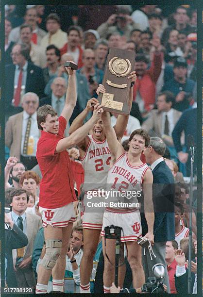 New Orleans: Indiana tri-captains Todd Meir, Daryl Thomas and Steve Alford express the joy of winning after the Hoosiers defeated Syracuse 74-73.
