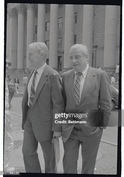 At federal court 7/24 where the USFL antitrust suit against the NFL was expected to go to the jury, are Giants' owner Wellington Mara and Browns'...