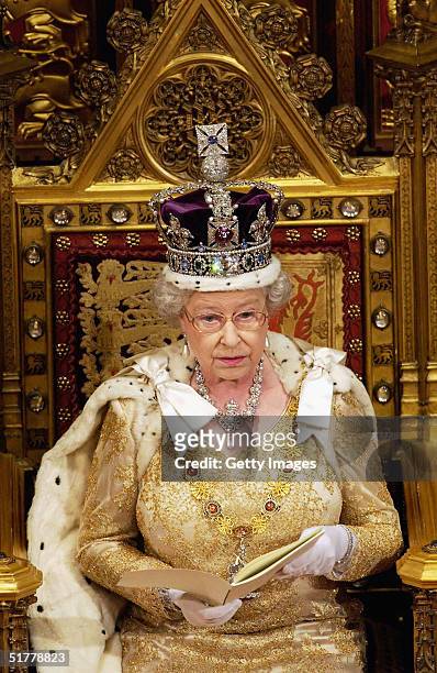 Her Majesty Queen Elizabeth II delivers her annual speech to the House of Commons at the State Opening of Parliament on November 23, 2004 in London,...