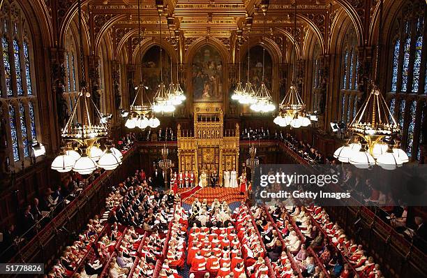 Her Majesty Queen Elizabeth II delivers her annual speech to the House of Commons at the State Opening of Parliament on November 23, 2004 in London,...