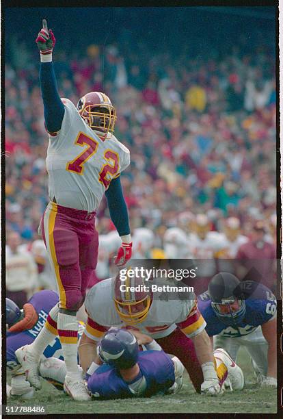 Washington: Washington's Dexter Manley celebrates after Dave Butz sacked Minnesota's quarterback Wade Wilson during first quarter action, January...