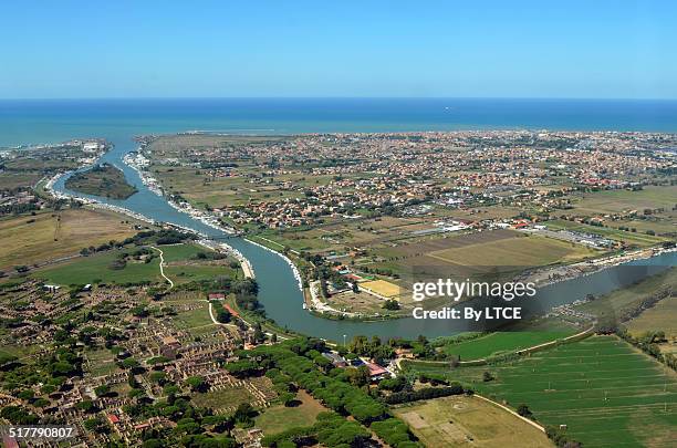 old ostia + isola sacra + tevere, aerial view - river tiber stock pictures, royalty-free photos & images