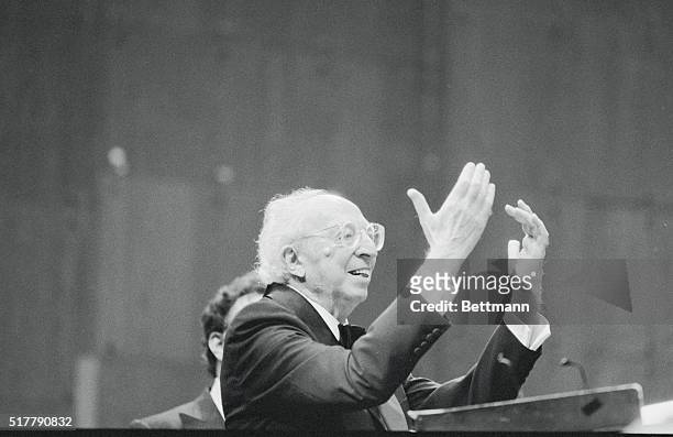 New York, New York: Aaron Copland acknowledges the accolades of the audience, November 14, at Avery Fisher Hall for an all-Copland program...