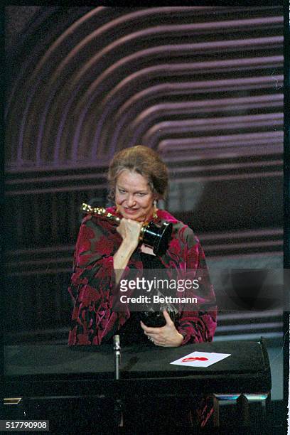 Los Angeles: Actress Geraldine Page clutches her Oscar for Best Actress as she makes her acceptance speech. Page, who won the award for her...