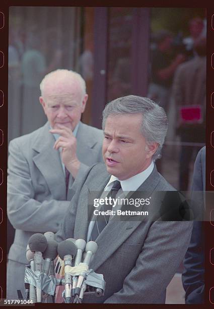 Palm Springs, California: Jim and Tammy Bakker talk to reporters outside their Palm Springs mansion. It was the first public statement for Jim Bakker...