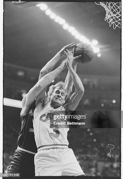 Richfield, Ohio: Uwe Blab, of Dallas, , collides with Craig Ehlo, , of Cleveland, while going after a rebound. Action took place in the 4th quarter...