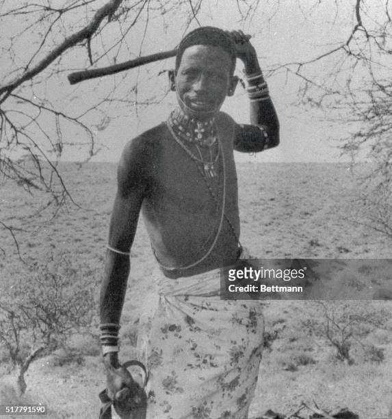Samburu warrior displays his tribe's traditional finery here. The Samburus circumcise their young men in rites held once every 14 or 15 years.
