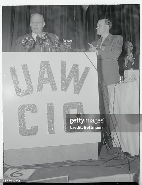 Cleveland, Ohio: Labor Boss Speaks. AFL President George Meany, , addresses the 15th Constitutional convention of the United auto Workers, CIO, to...