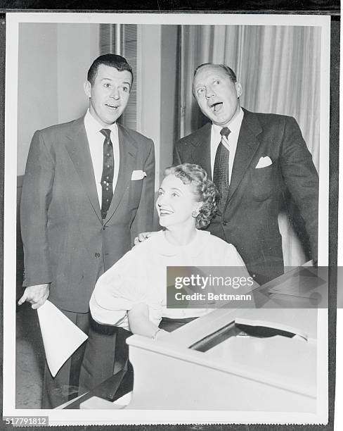 Dennis Day tries two new partners as singing companions on his January 16 Nutrilite Show on NBC radio when guests Margaret Truman and Jack Benny drop...