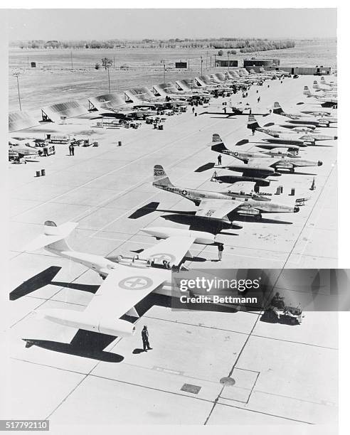 Palmdale, California: The Scorpion That Safety Build. A snow-white U. S. Air Force Northrop Scorpion F-89D is towed into its place in the preflight...