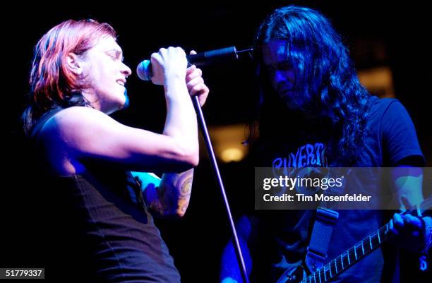 Brent Smith and Jasin Todd of Shinedown performing in support of the bands "Leave a Whisper" release at H.P. Pavilion on August 10, 2004 in San Jose,...