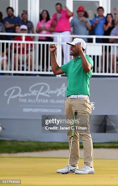 Tony Finau celebrates after defeating Steve Marino on the third playoff hole during the final round of the Puerto Rico Open at Coco Beach on March...