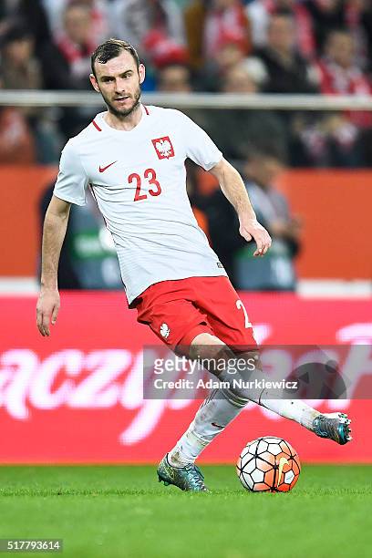 Filip Starzynski of Poland controls the ball during the international friendly soccer match between Poland and Finland at the Municipal Stadium on...