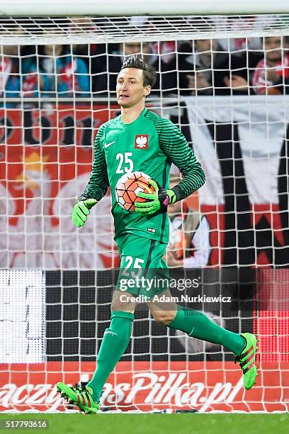 Goalkeeper Przemyslaw Tyton of Poland controls the ball during the international friendly soccer match between Poland and Finland at the Municipal...