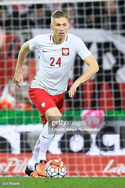 Bartosz Salamon of Poland controls the ball during the international friendly soccer match between Poland and Finland at the Municipal Stadium on...