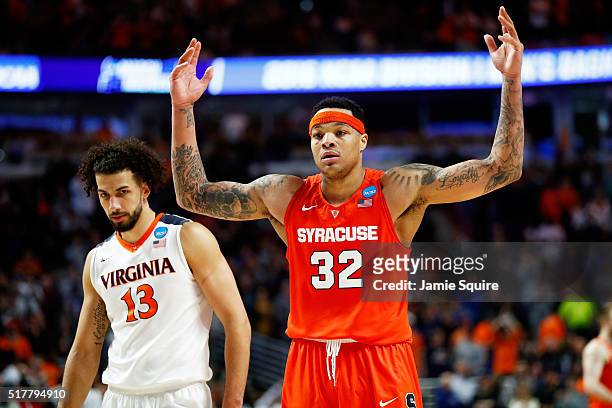 DaJuan Coleman of the Syracuse Orange celebrates in the final moments of their 68 to 62 win over the Virginia Cavaliers during the 2016 NCAA Men's...