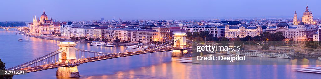 Chain Bridge and City Skyline at Night in Budapest Hungary