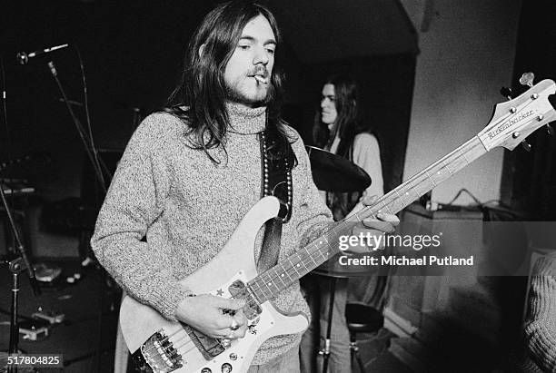 English bassist and singer Ian 'Lemmy' Kilmister, of space rock group Hawkwind, 10th May1974. In the background is drummer Simon King.