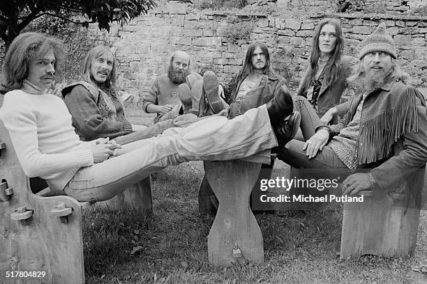 English space rock group Hawkwind, 10th May1974. Left to right: keyboard player Simon House, guitarist Dave Brock, keyboard player Del Dettmar,...