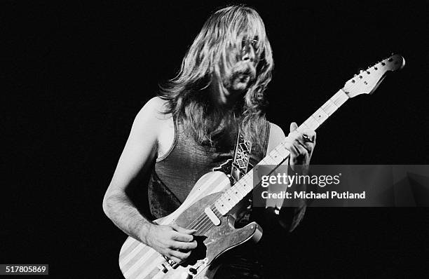 Guitarist Jeff 'Skunk' Baxter performing with American jazz rock group Steely Dan, at the Rainbow Theatre, London, 21st May 1974.