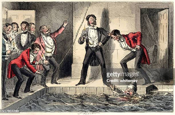 victorian men laughing at an unfortunate man in a pool - nightcap stock illustrations