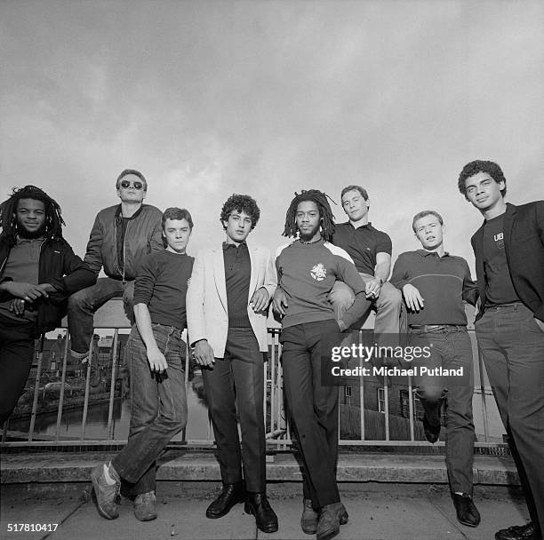 British reggae and pop group UB40, 1983. Left to right: trumpeter Astro , saxophonist Brian Travers, trombonist Norman Hassan, drummer Jimmy Brown,...