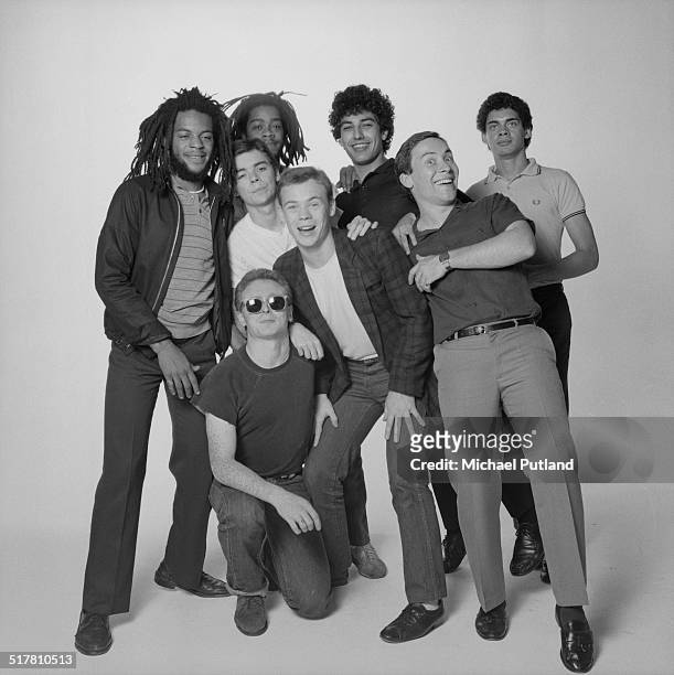British reggae and pop group UB40, 1983. Clockwise from left: trumpeter Astro , trombonist Norman Hassan, bassist Earl Falconer, singer Ali Campbell,...