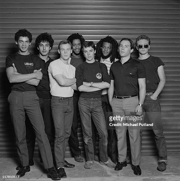 British reggae and pop group UB40, 1983. Left to right: keyboard player Mickey Virtue, drummer Jimmy Brown, singer Ali Campbell, bassist Earl...