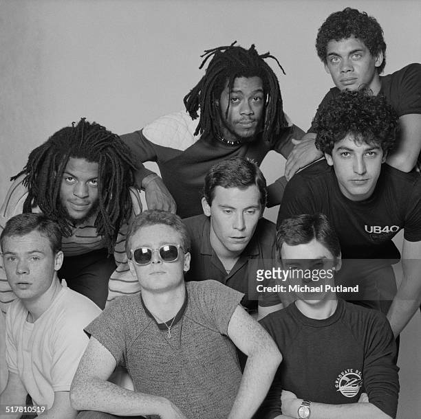 British reggae and pop group UB40, 1983. Clockwise from bottom left: singer Ali Campbell, trumpeter Astro , bassist Earl Falconer, keyboard player...
