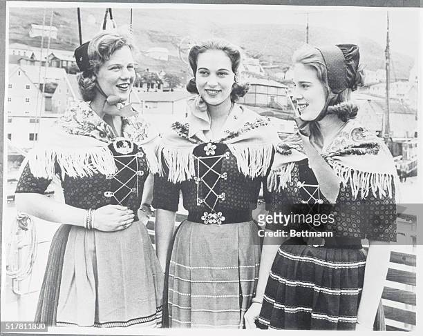 Princesses of Denmark. Tverra, Faeroe Islands, Denmark: Denmark's three princesses , Margrethe, Benedikte, and Anne-Marie, wear national costumes as...