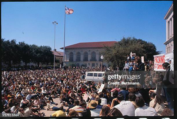Rally is held at the University of Texas during Moratorium Day, October 15th. The speaker is Dick LeClair, SDS member.
