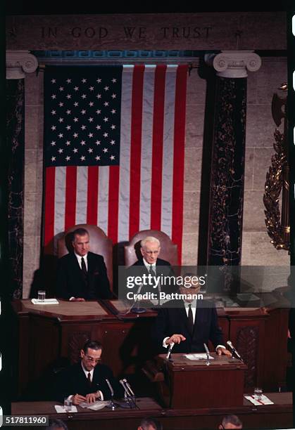 Washington, DC: French President Georges Pompidou addresses a joint meeting of Congress at the Capitol. Vice President Agnew, , and House Speaker...