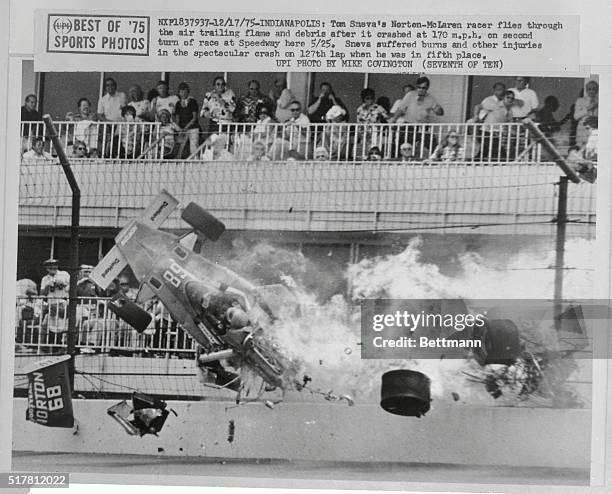 Tom Sneva's racer flies through the air trailing flame and debris after a 170-MPH crash on the second turn of the Speedway in 5/25 race. Sneva...