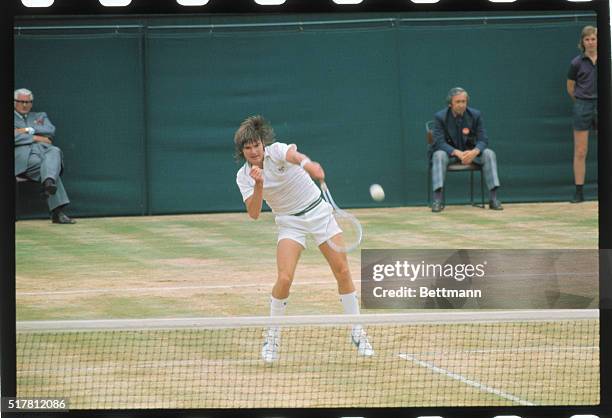 Wimbledon, England: Jimmy Connors in action during men's singles final match of the Wimbledon Tennis Championships against Arthur Ashe.