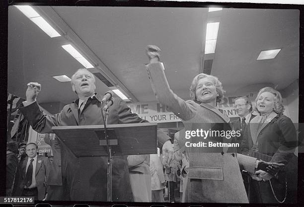 President and Mrs. Gerald Ford bring on cheers from hometown crowd outside the Pantlind Hotel on the eve of the presidential election.