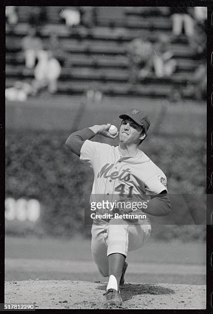 New York Mets, Tom Seaver, is shown pitching near no-hitter against the Chicago Cubs. Seaver had no-hitter going into the 9th inning, until Joe...
